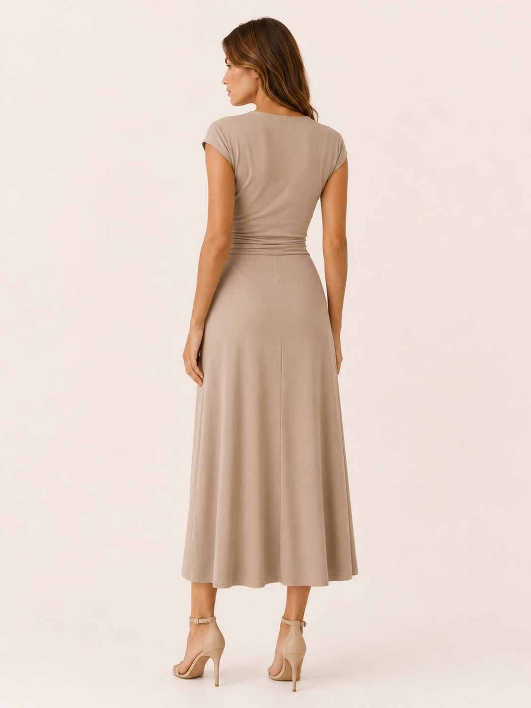 Khaki Midi Dress with Cap Sleeves and High Waist – back view