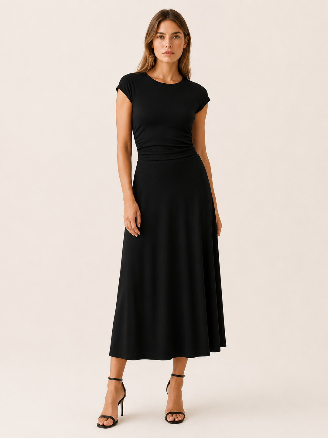 Black Midi Dress with Cap Sleeves and High Waist – lifestyle