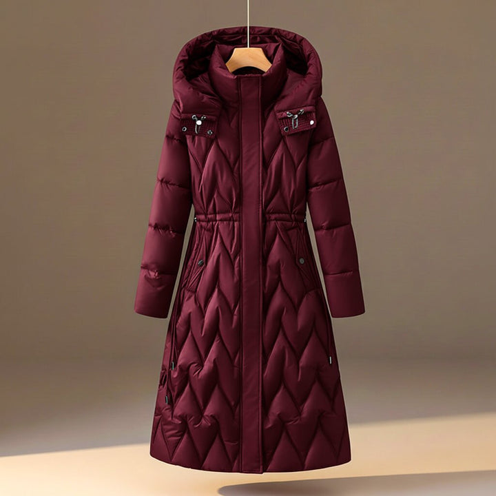 Chloe | Women's Long Quilted Hooded Coat with Cinched Waist