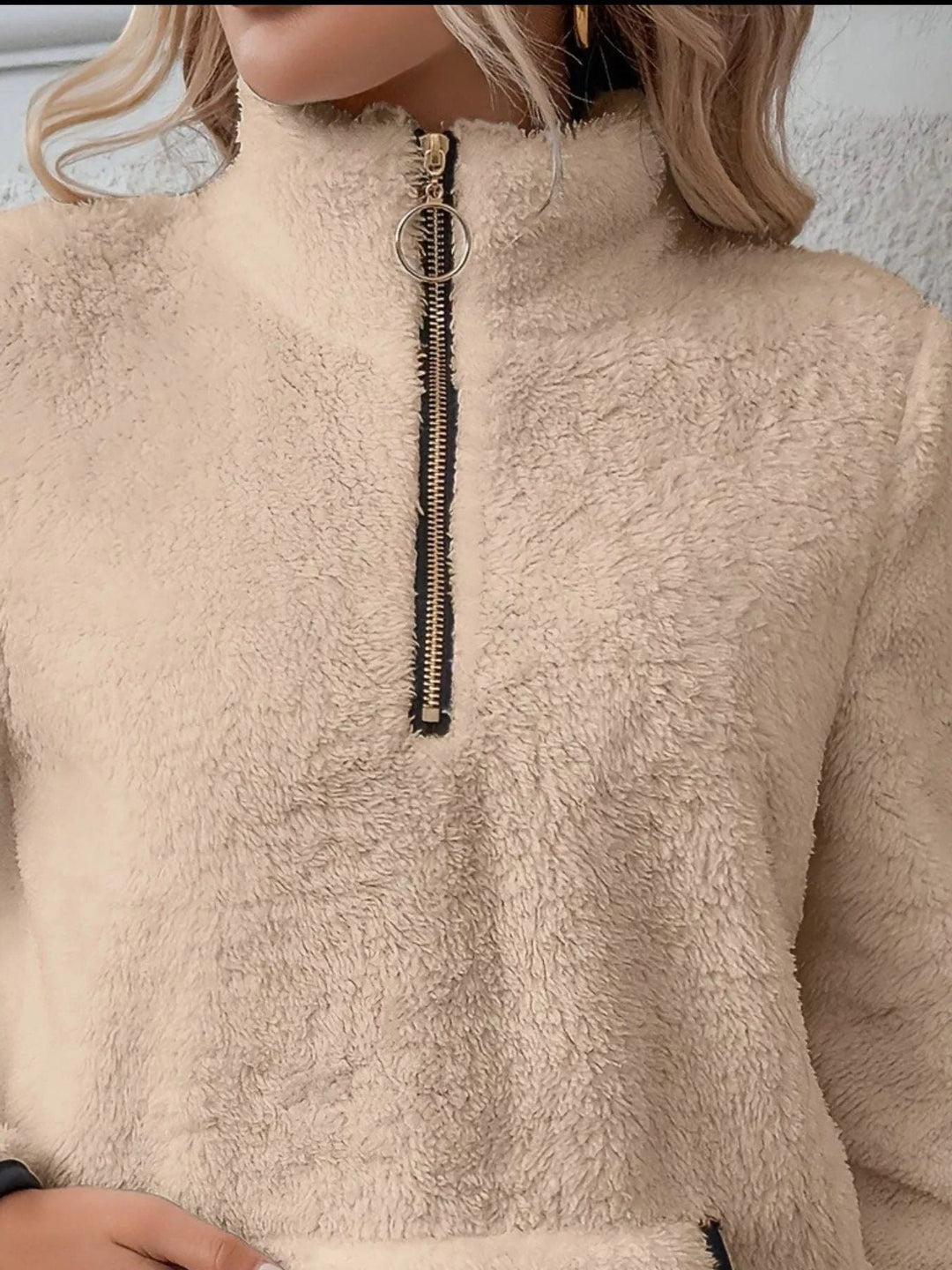 Halina | Women's Fuzzy Sherpa Half Zip Pullover Sweater