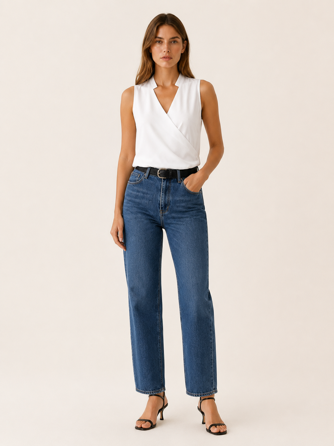 White Sleeveless Wrap Top with V-Neckline – front view