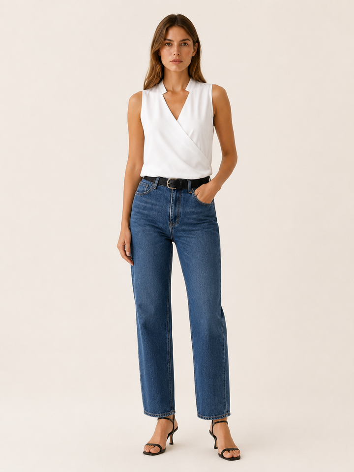 White Sleeveless Wrap Top with V-Neckline – front view