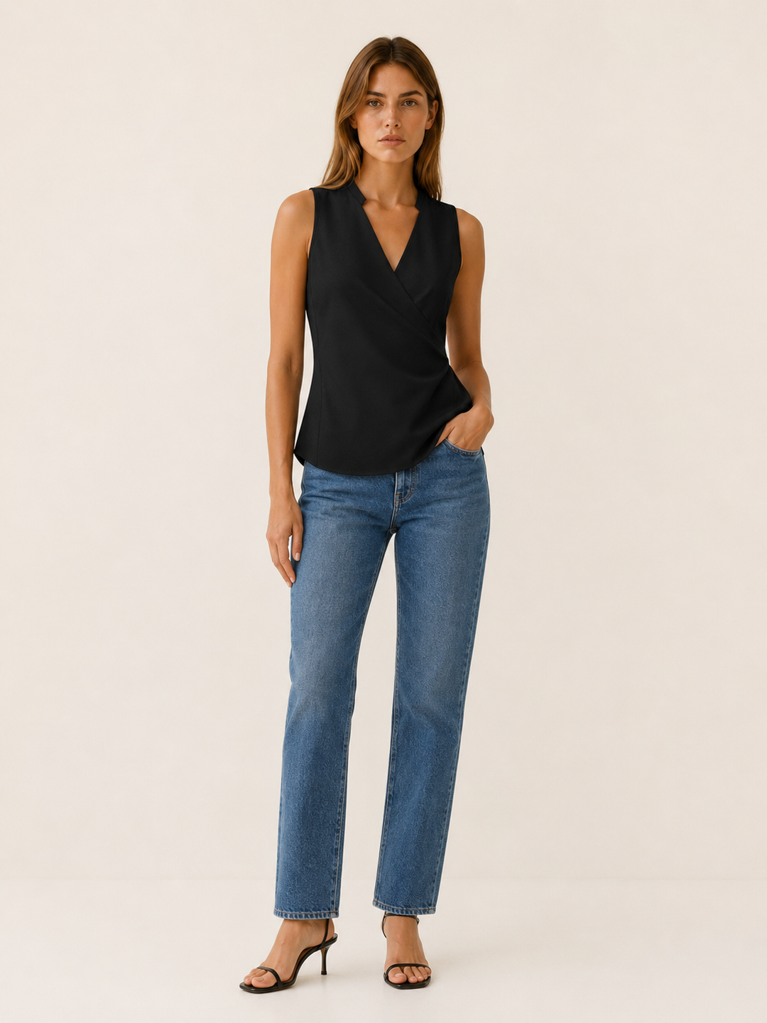 Black Sleeveless Wrap Top with V-Neckline – detail view