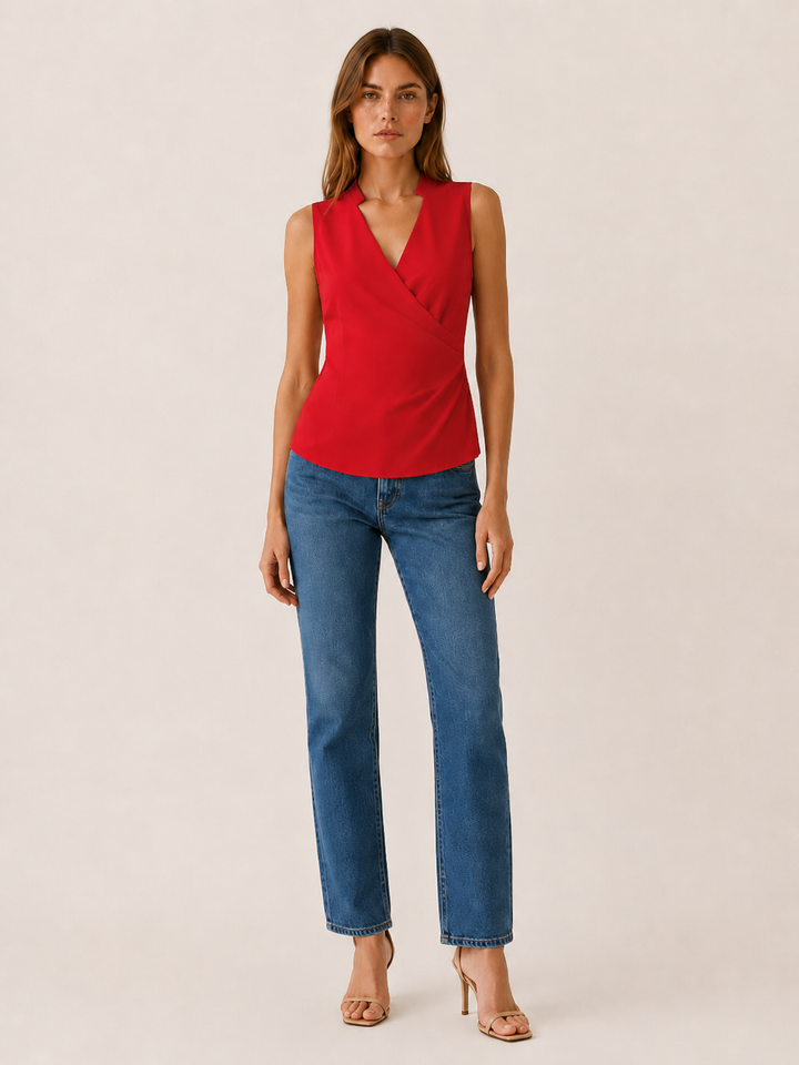 White Sleeveless Wrap Top with V-Neckline – close-up