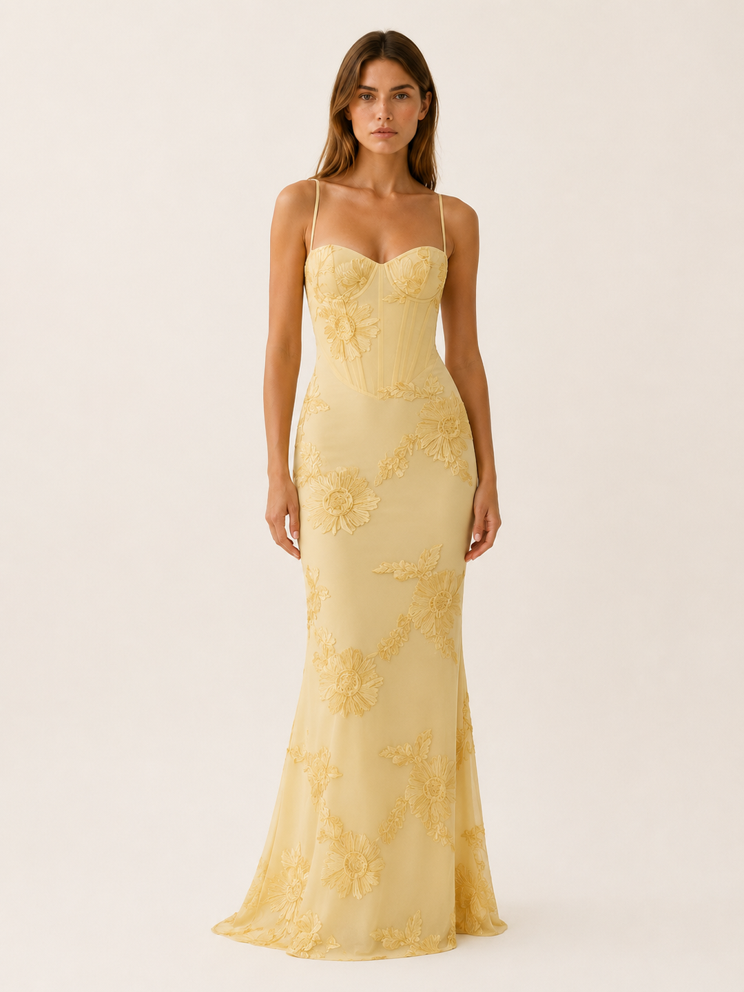 Yellow Floral Corset Maxi Dress with Lace-Up Back – front view