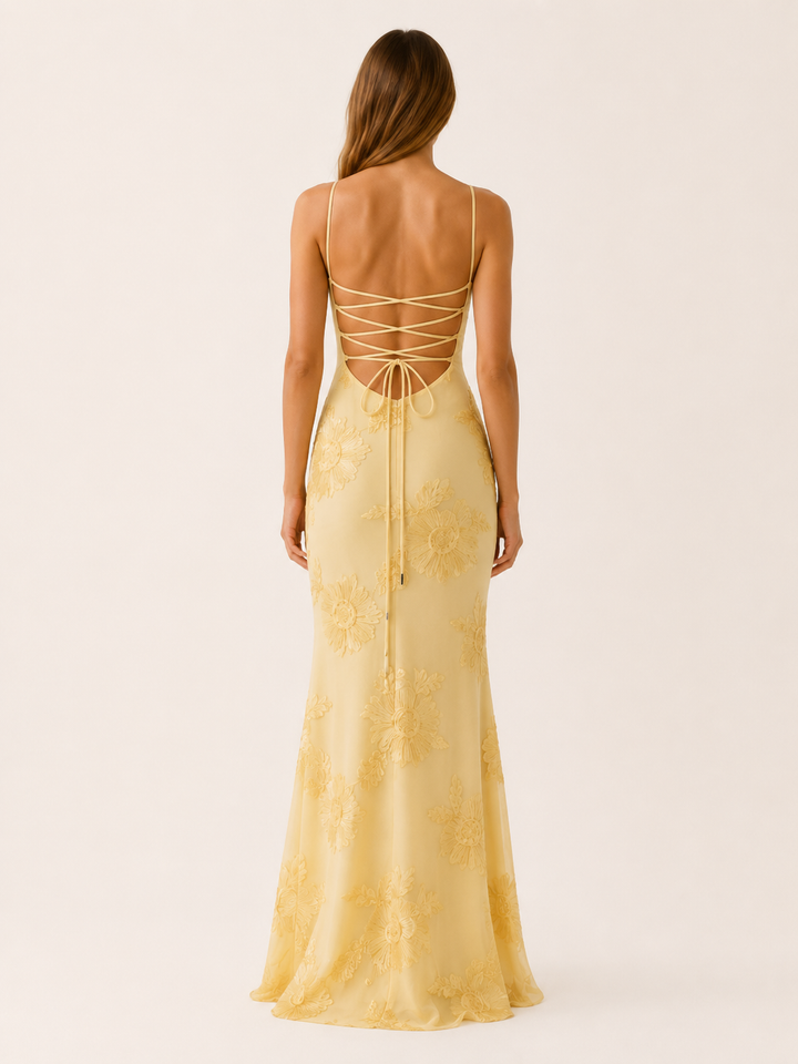 Yellow Floral Corset Maxi Dress with Lace-Up Back – back view