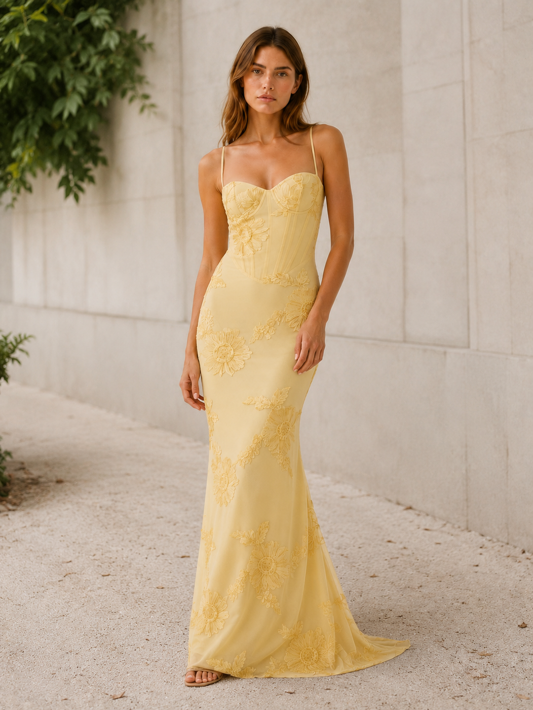 Yellow Floral Corset Maxi Dress with Lace-Up Back – close-up