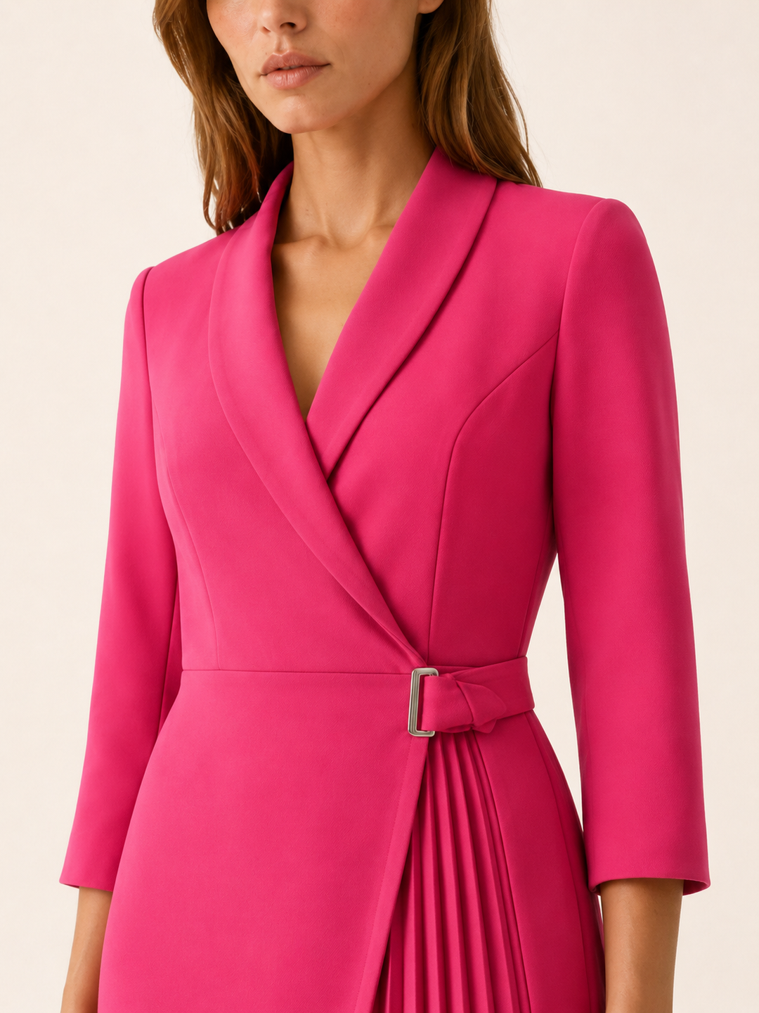 Black Blazer Dress with Notched Collar and Pleated Detail – detail view