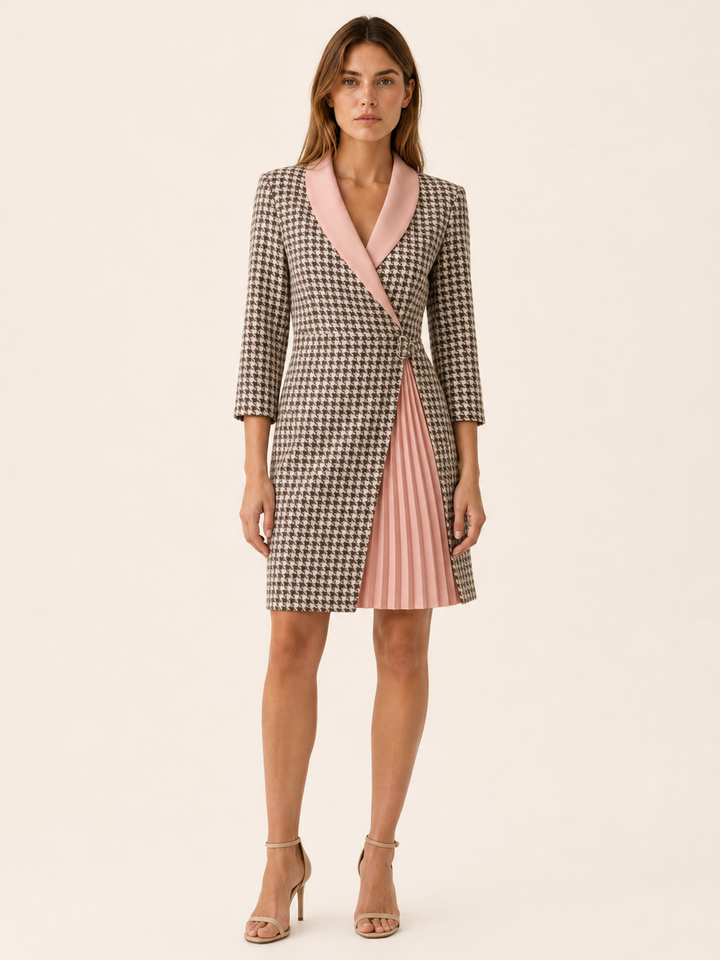 Black Blazer Dress with Notched Collar and Pleated Detail – angled view