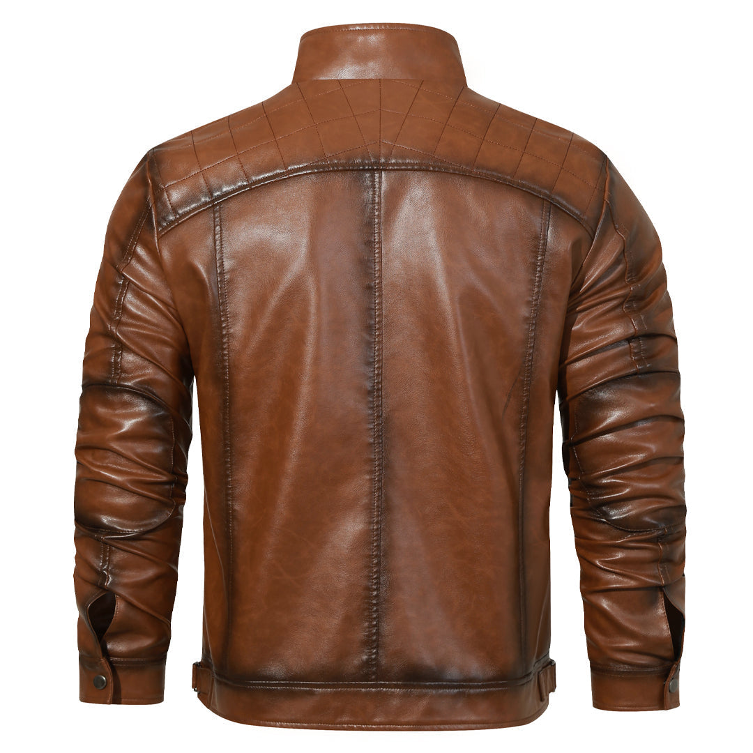Roadster leather jacket, back view with embroidery detail