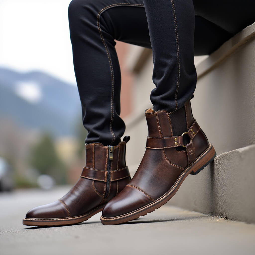 Roadster leather boots in saddle brown, styled with jeans