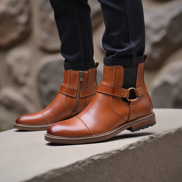 Roadster leather boots in chocolate, styled with jeans