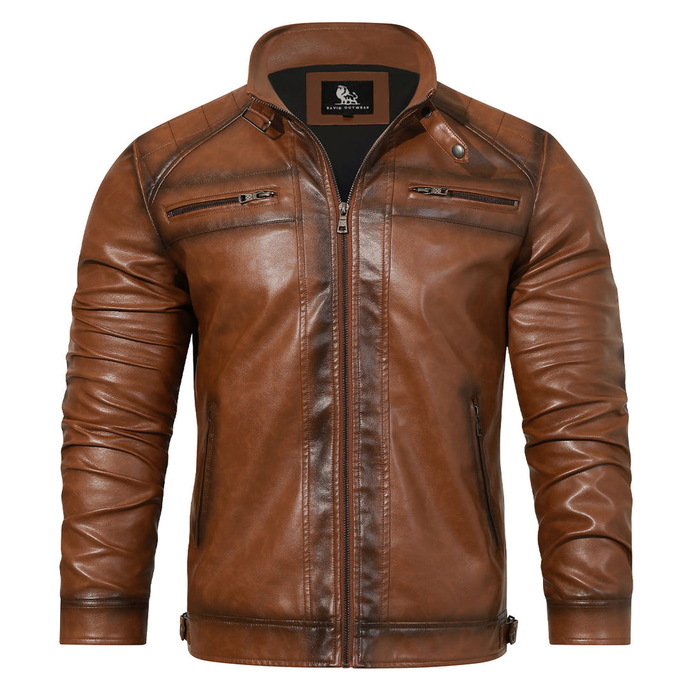 Roadster leather jacket, front view showing zip pockets