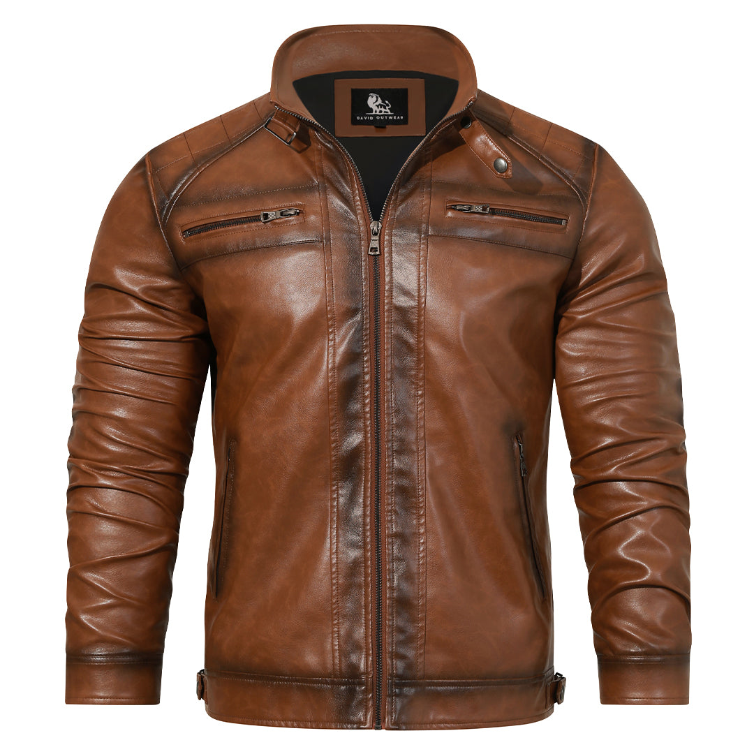 Roadster leather jacket, front view showing zip pockets