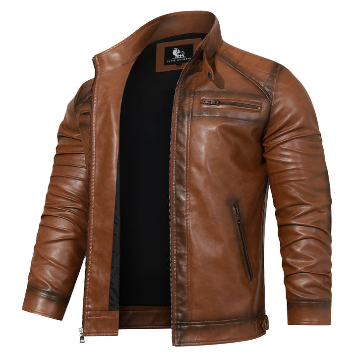 Roadster leather jacket, front and side view on model