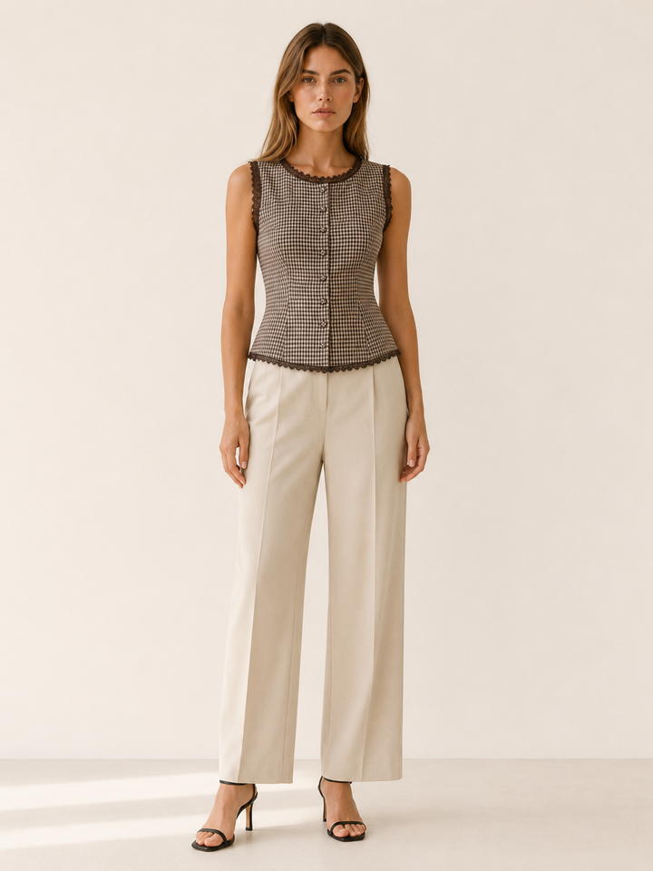 Brown Plaid Vest with Lace Trim – front view