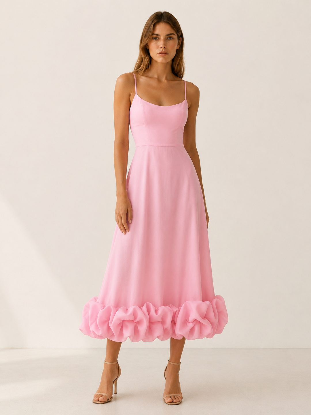Pink Midi Dress with Ruffle Hem – front view