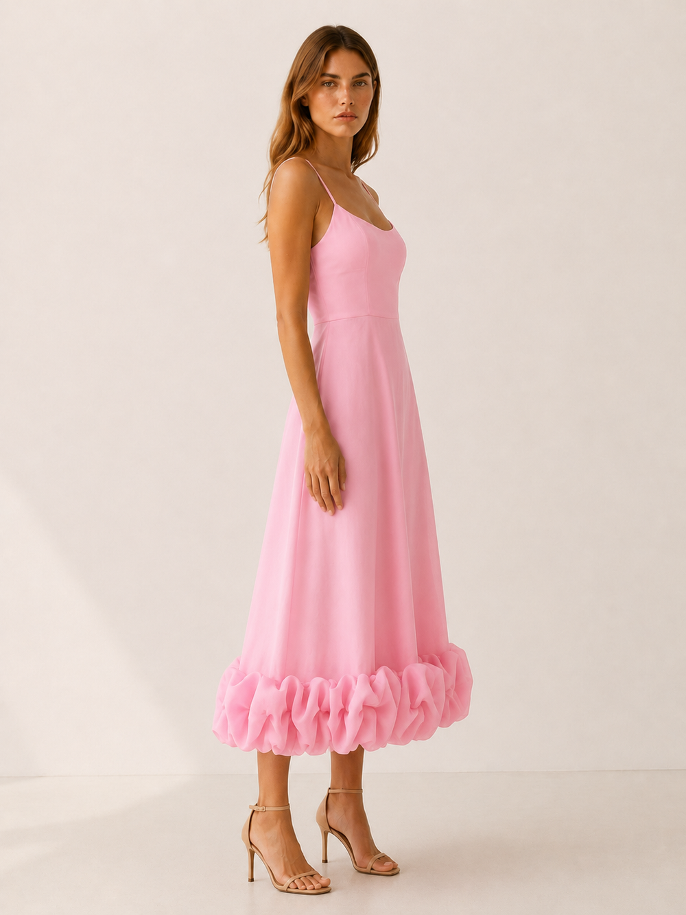 White Midi Dress with Ruffle Hem – side view