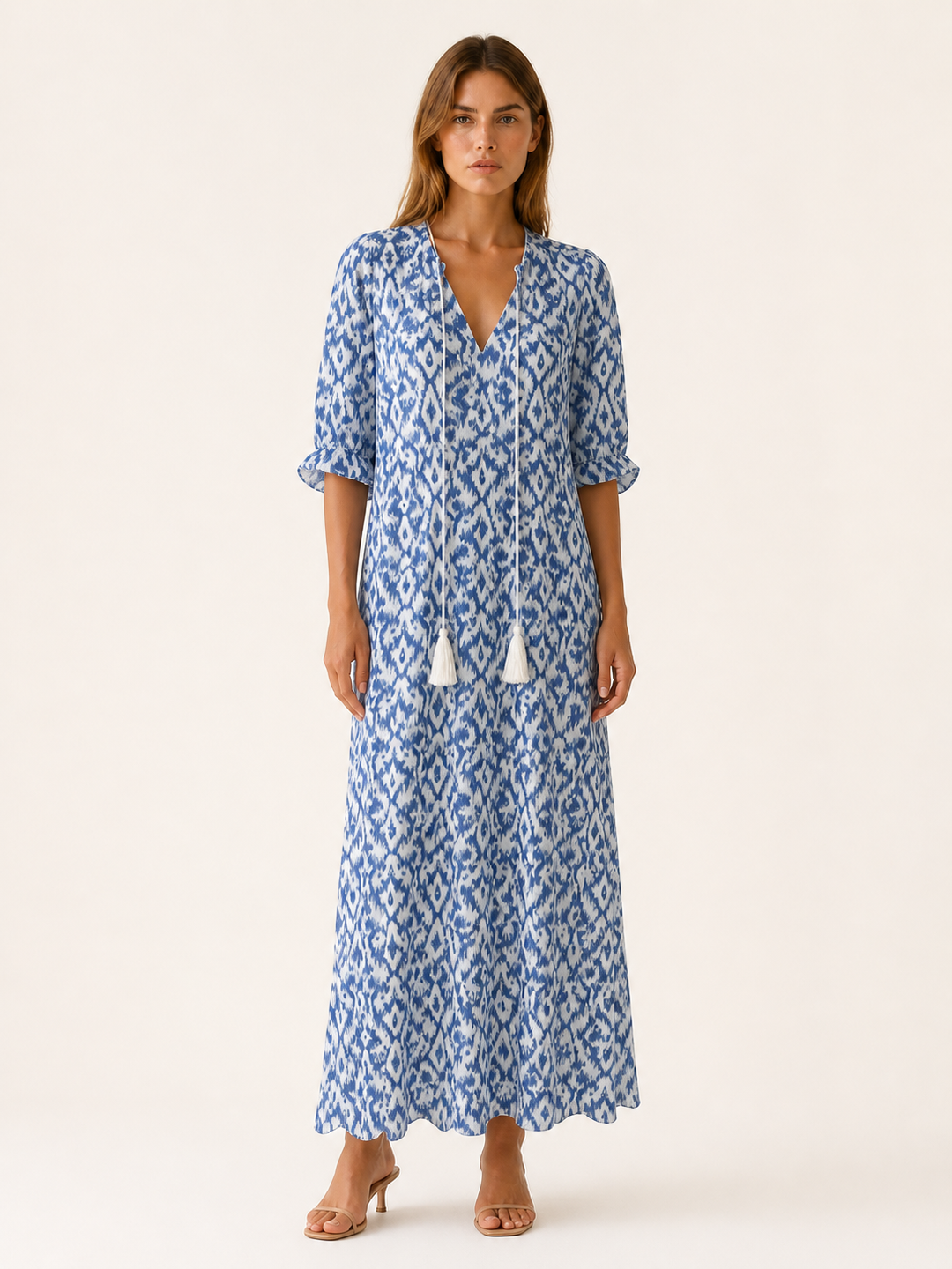 Blue Boho Maxi Dress with Tassel Detail – front view