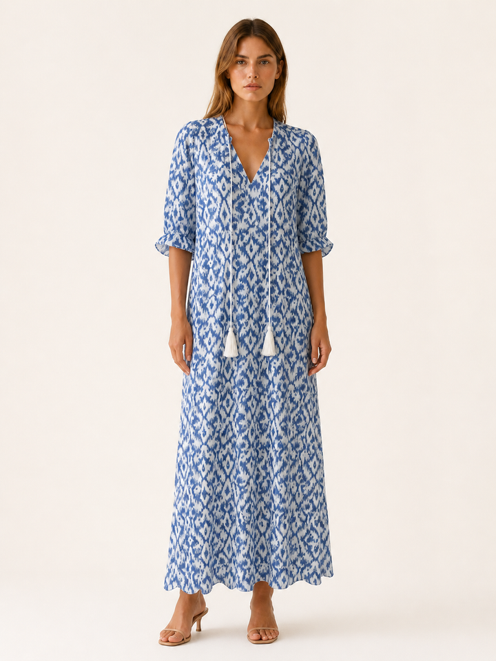 Blue Boho Maxi Dress with Tassel Detail – front view