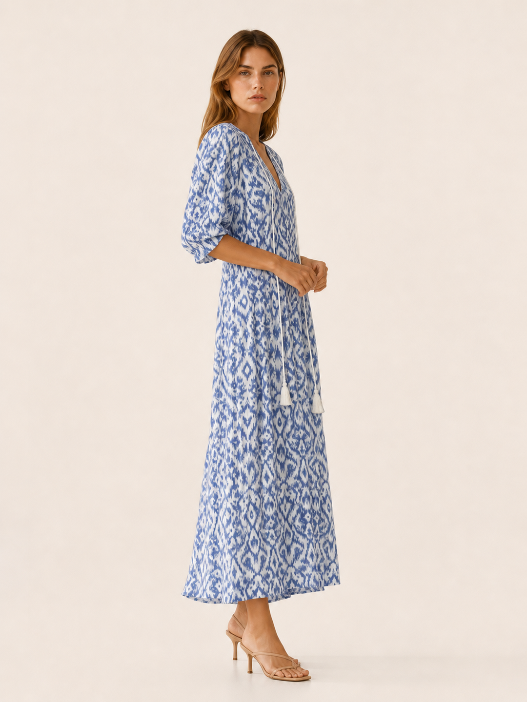 Blue Boho Maxi Dress with Tassel Detail – side view