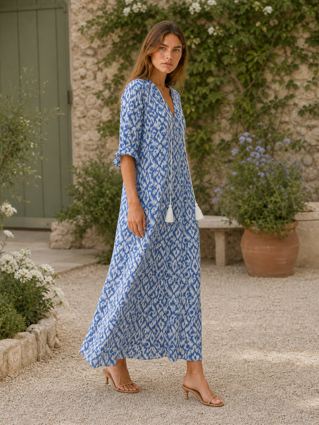 Blue Boho Maxi Dress with Tassel Detail – back view