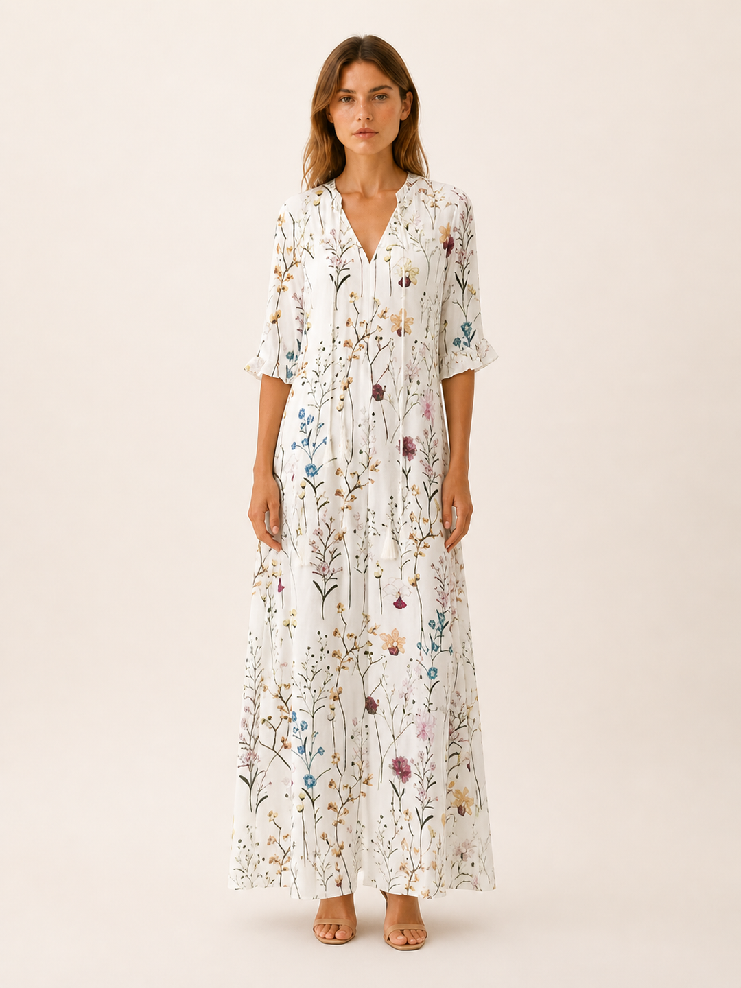 Blue Boho Maxi Dress with Tassel Detail – full length view