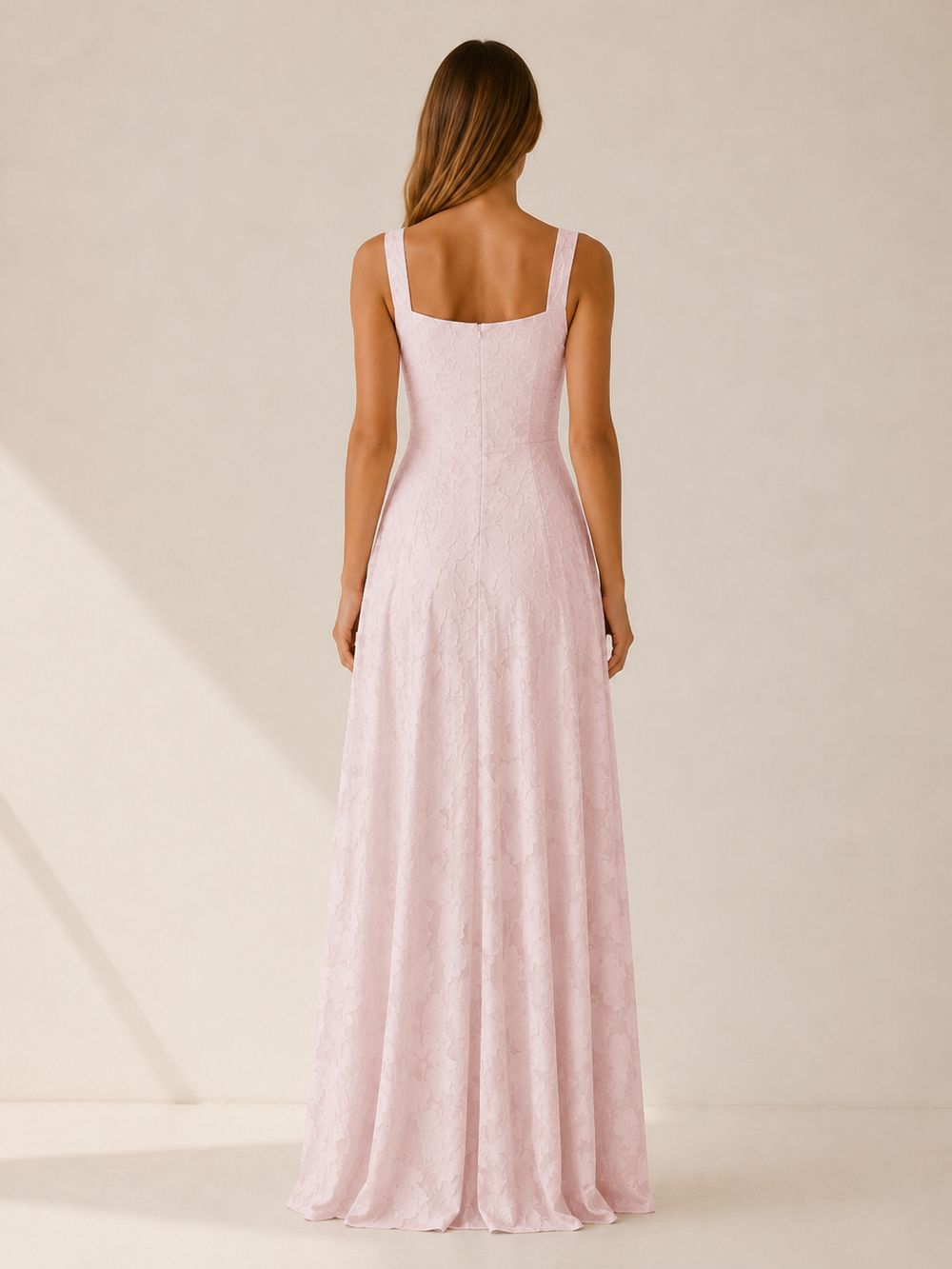 Pink Floral Lace Maxi Dress with Square Neckline – side view
