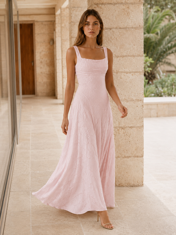Pink Floral Lace Maxi Dress with Square Neckline – back view
