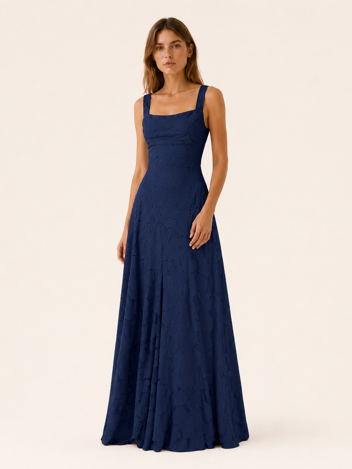 Pink Floral Lace Maxi Dress with Square Neckline – detail view