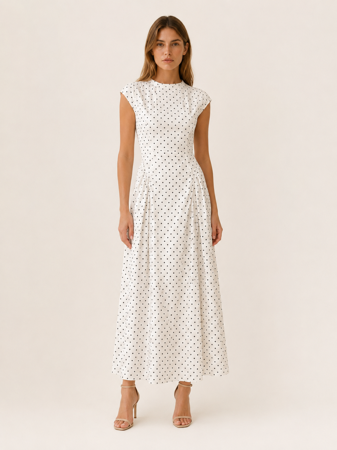 Black Polka Dot Maxi Dress with Cap Sleeves – front view