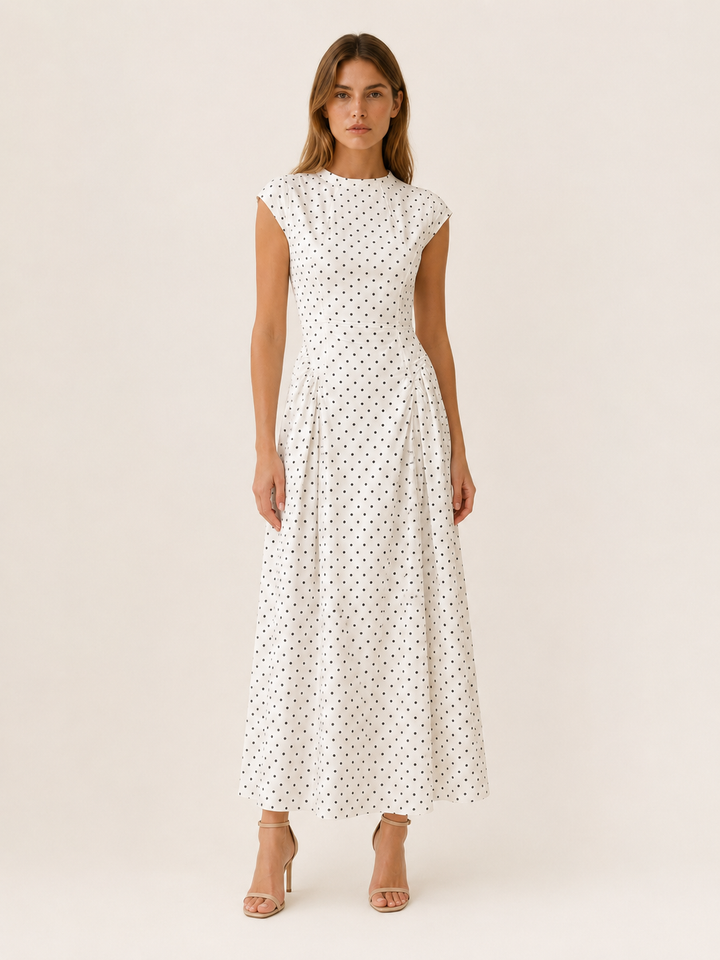 Black Polka Dot Maxi Dress with Cap Sleeves – front view