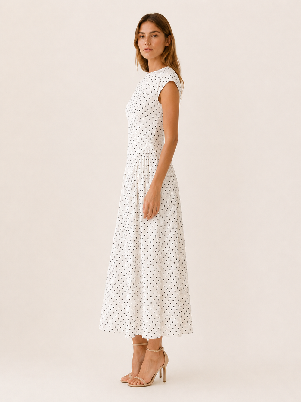 Black Polka Dot Maxi Dress with Cap Sleeves – side view