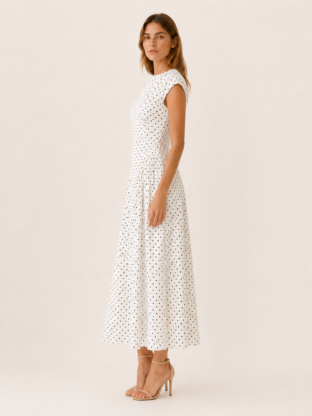 Black Polka Dot Maxi Dress with Cap Sleeves – side view