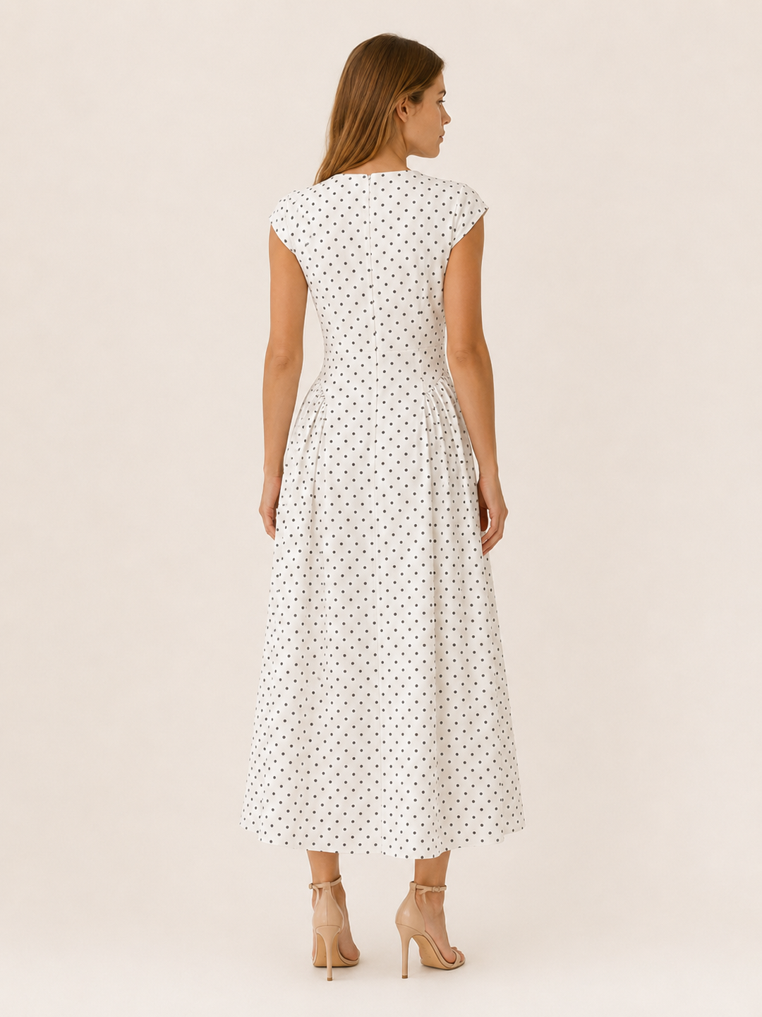 Black Polka Dot Maxi Dress with Cap Sleeves – back view