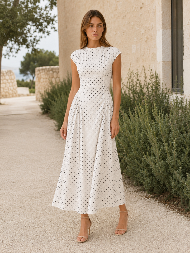 Black Polka Dot Maxi Dress with Cap Sleeves – close-up