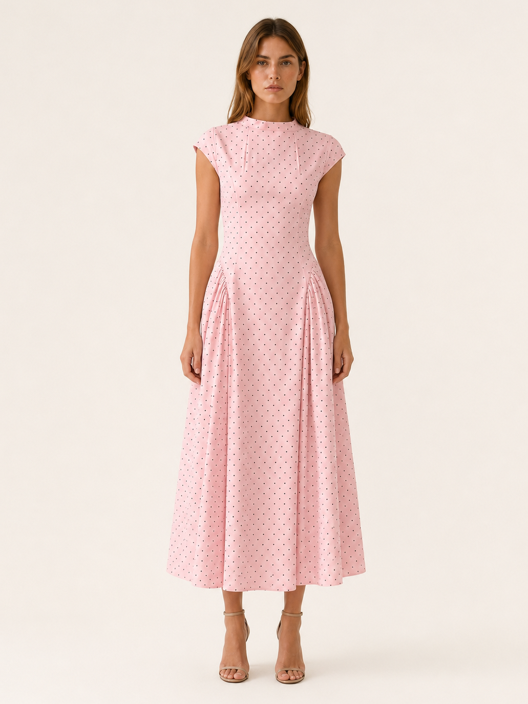 Black Polka Dot Maxi Dress with Cap Sleeves – full length view