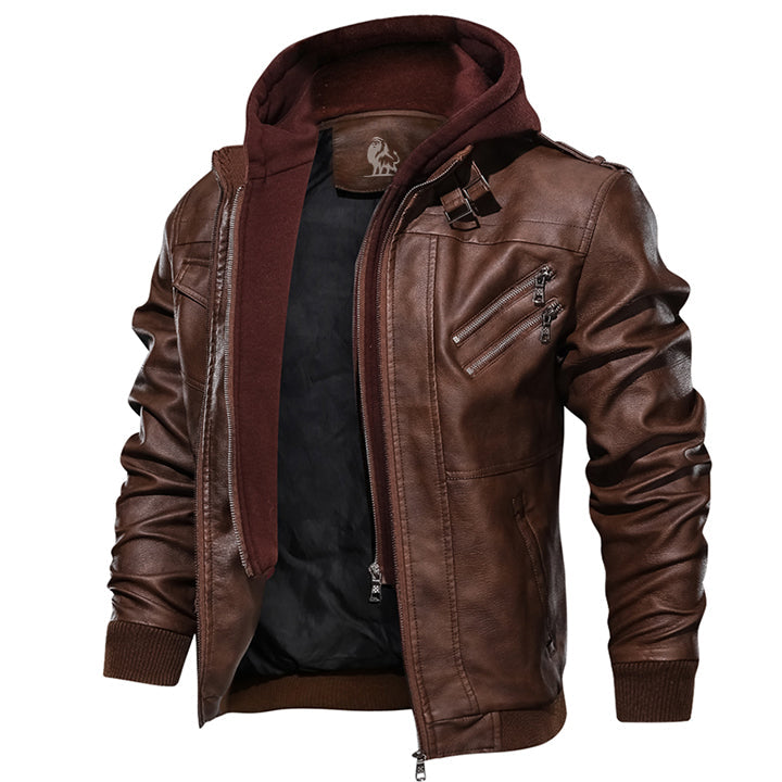 Saddle Brown Salvador leather jacket, front view on model