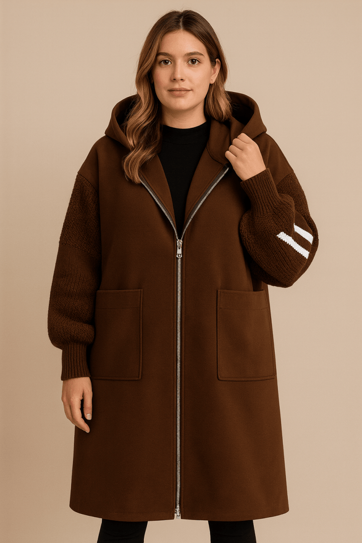 Vivienne | Women's Oversized Longline Hooded Coat with Knit Sleeve Panels