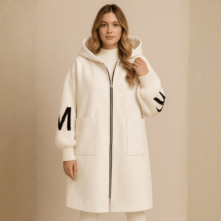 Vivienne | Women's Oversized Longline Hooded Coat with Knit Sleeve Panels