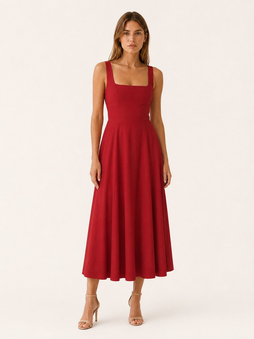 Red Square Neck Midi Dress with Wide Straps – front view