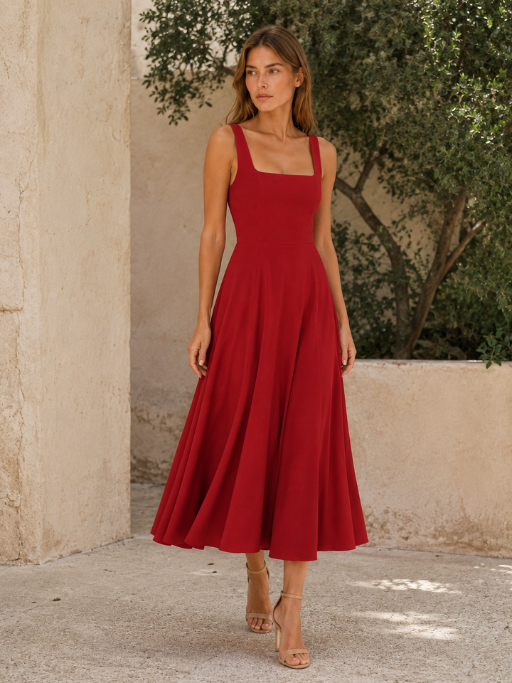 Black Square Neck Midi Dress with Wide Straps – back view