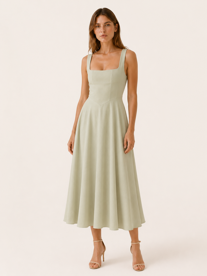 White Square Neck Midi Dress with Wide Straps – detail view