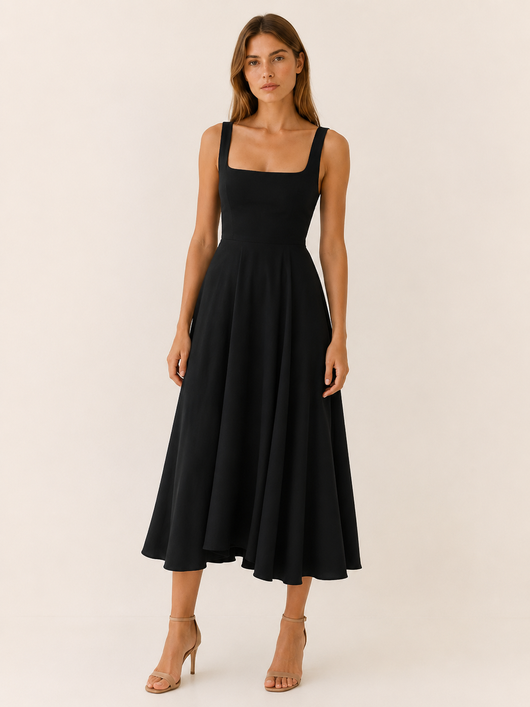 Red Square Neck Midi Dress with Wide Straps – close-up