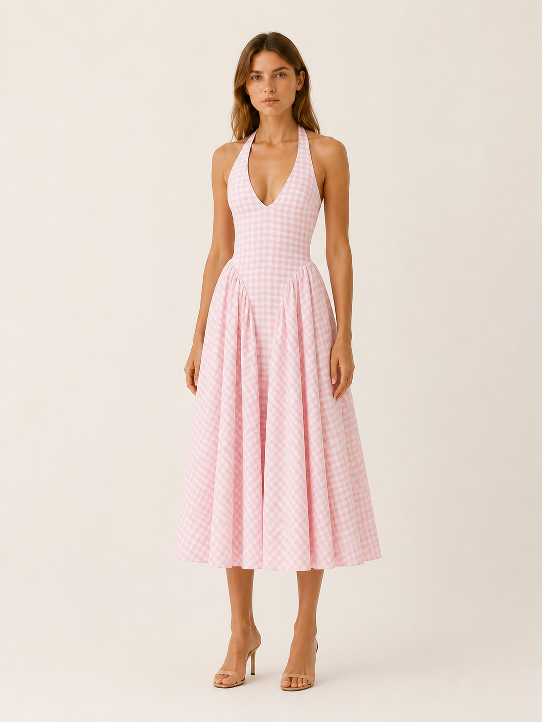 Pink Gingham Halter Midi Dress with Open Back – front view