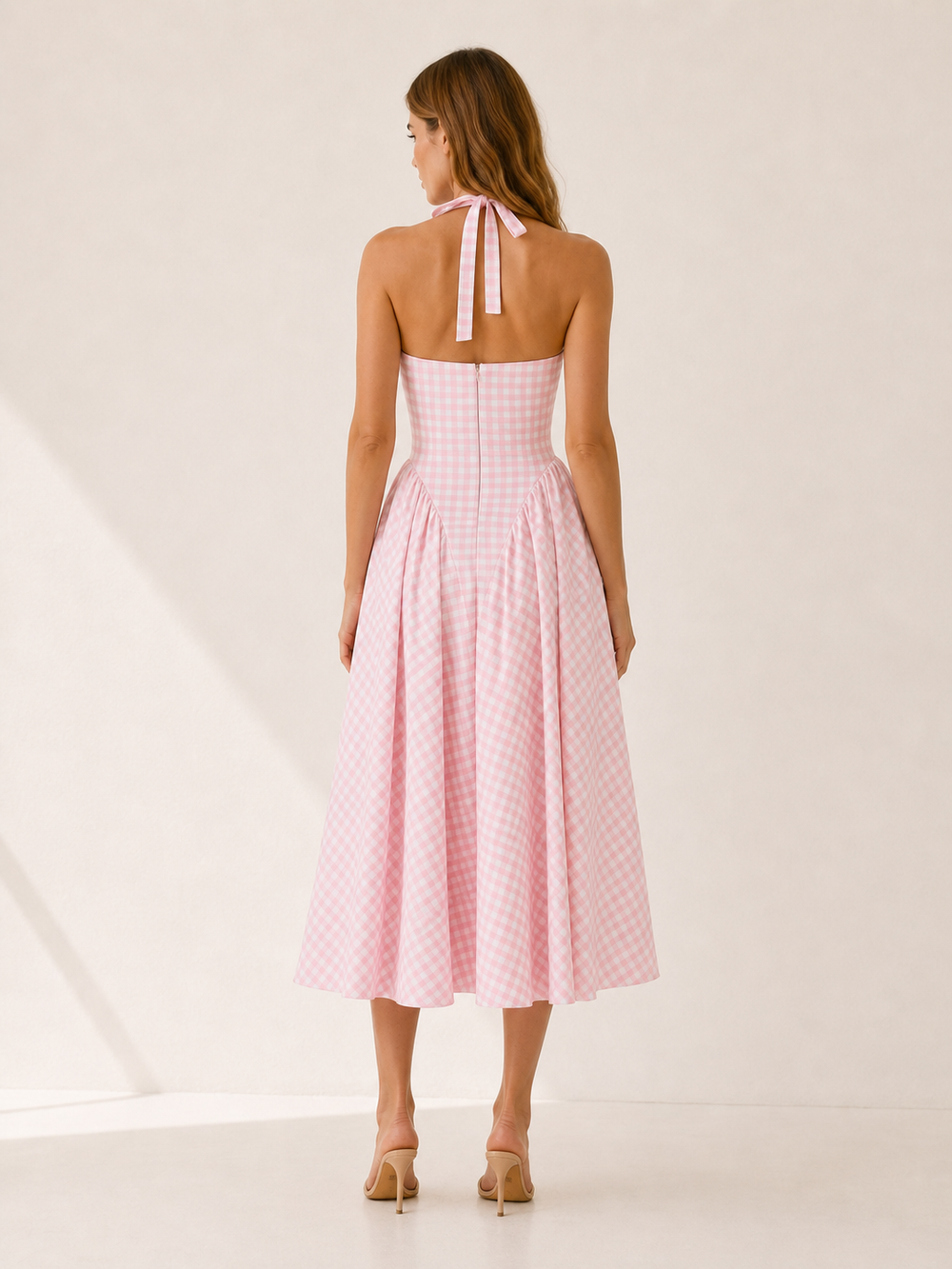 Pink Gingham Halter Midi Dress with Open Back – side view