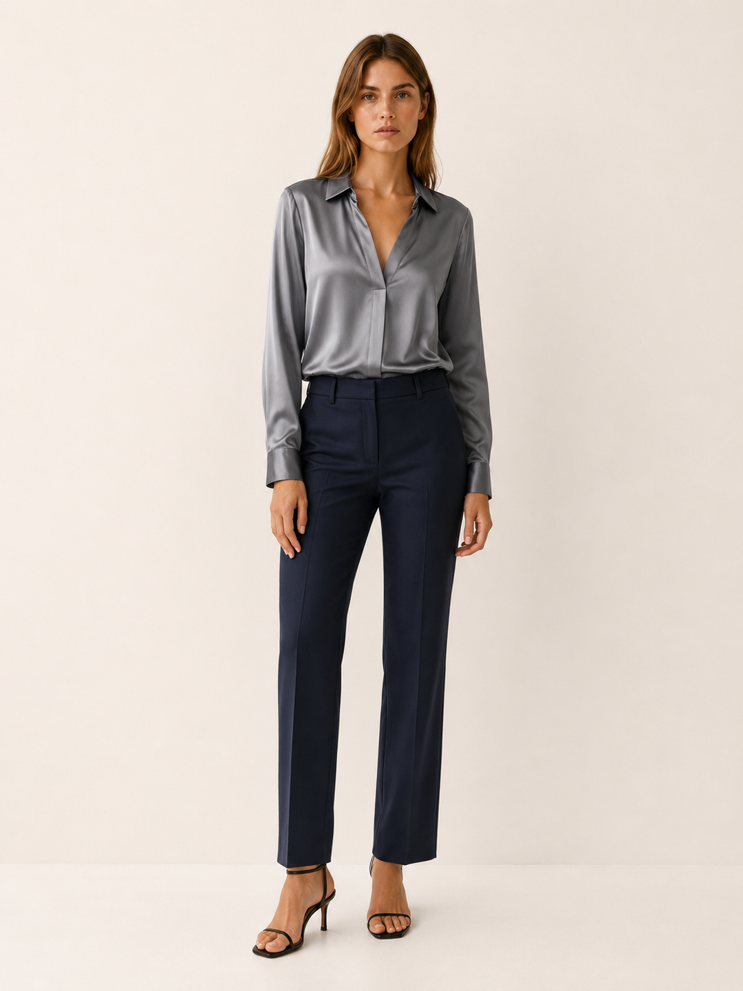 Grey Satin V-Neck Blouse with Long Sleeves – front view