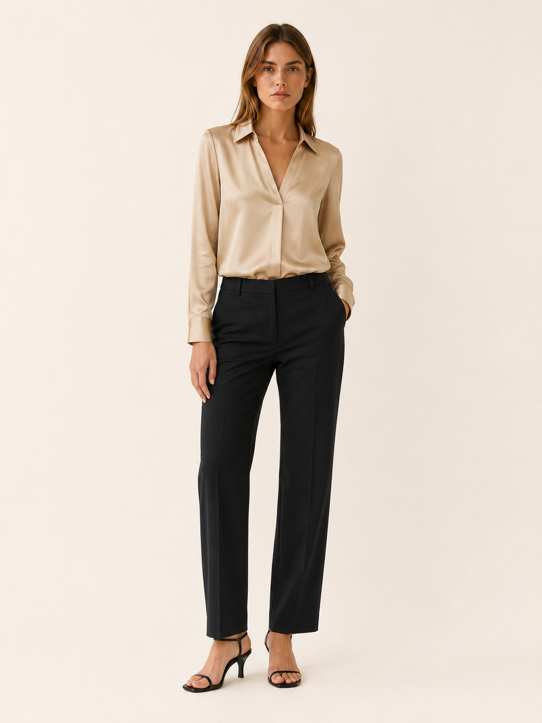 Grey Satin V-Neck Blouse with Long Sleeves – close-up