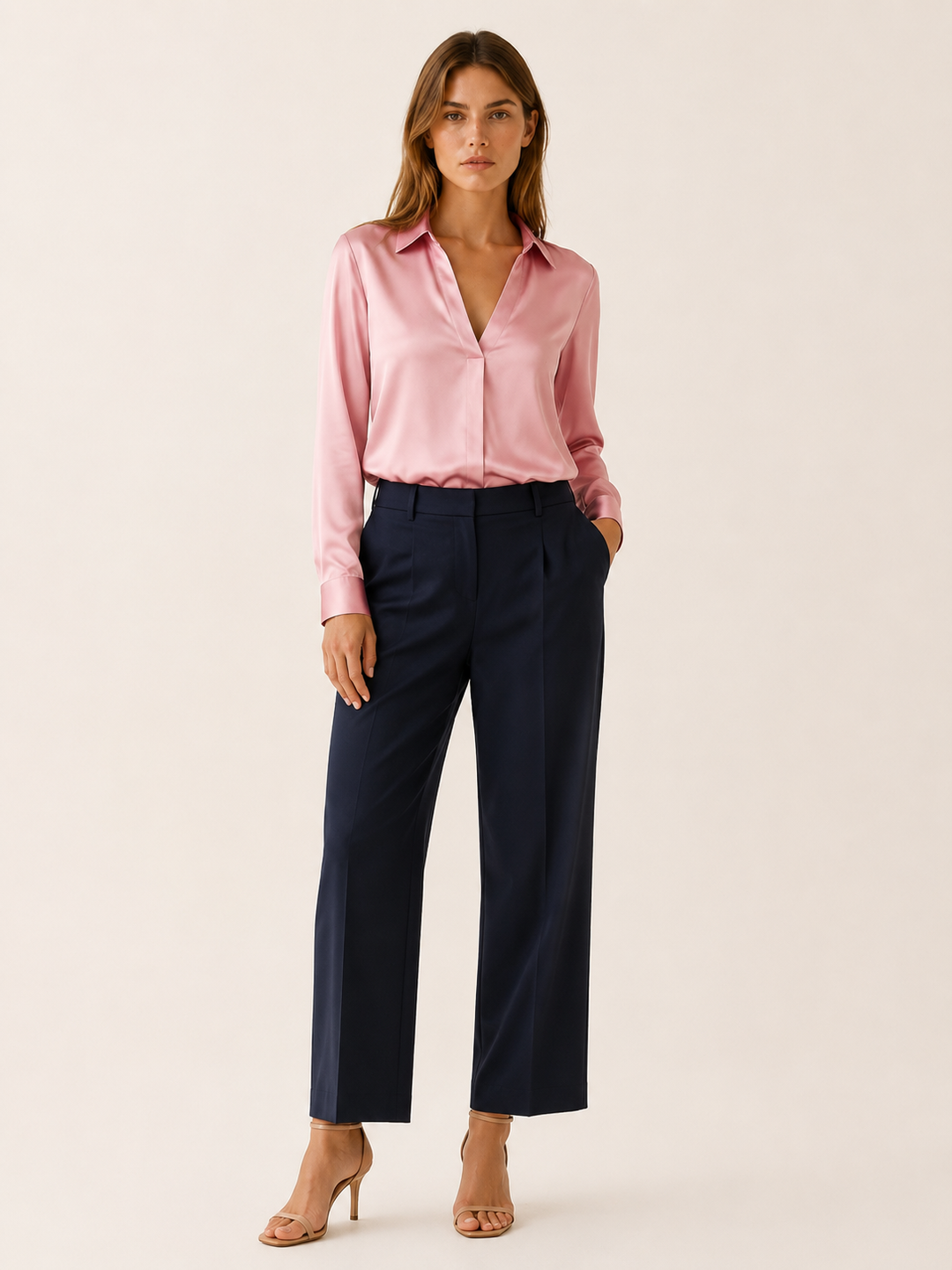 Black Satin V-Neck Blouse with Long Sleeves – lifestyle