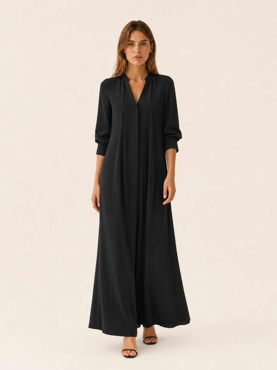 Black Loose Fit Maxi Dress with Long Sleeves – front view